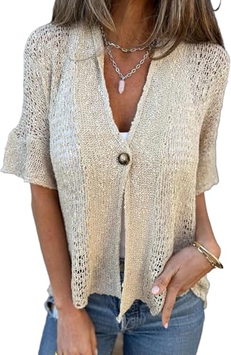 Hollow V-Neck Single Button Loose Short Sleeves, Cardigan Lightweight Button Down for Women V Neck Loose Knit (Beige, XL)