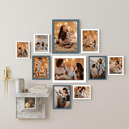 Image of Art Street Large Collage Wall Photo Frame Individual Picture Frame Set For Living Room, Decorative Wall Hanging Home Decor - Set Of 10 (4x6, 5x7, 6x8, 8x10 Inch, White-Blue)