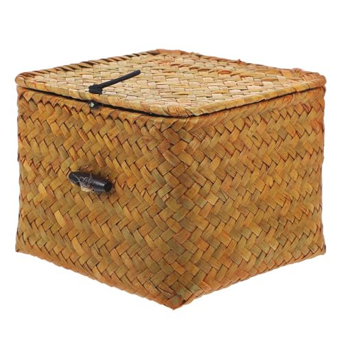 Housoutil Caja Tejida de Paja Tapa Mediana para Uso en Sala y Cocina Organizador Decorativo para Té y Artículos Varios