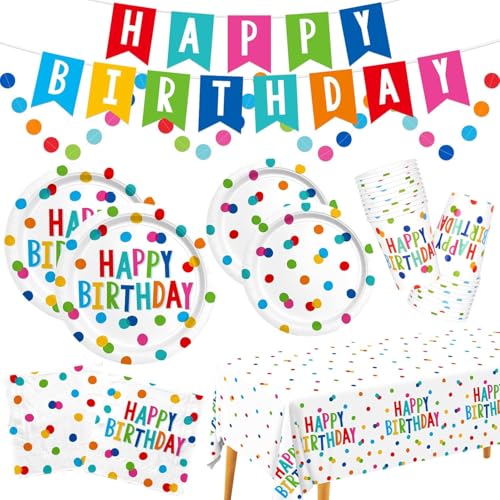 Image of Birthday Party Supplies Set for 25 Guests, Polka Dot Happy Birthday Decorations Kit with Plates, Napkins, Cups, Tablecloth, Banner & Balloons, Colorful Unisex Party Decor