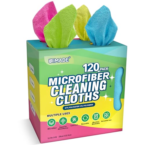 UNIMADE Microfiber Cleaning Cloth 120 Pack Reusable Paper Towels Microfiber Towels for Cars Lint Free Shop Rags for Home Kitchen Automotive 11x 9 Pink & Yellow & Green & Blue