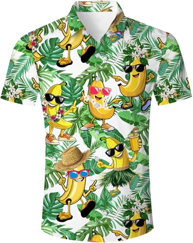 RAISEVERN Mens Hawaiian Shirts Funny Banana Button Down Palm Shirts Short Sleeve for Summer Beach Shirt Holiday Party Tropical