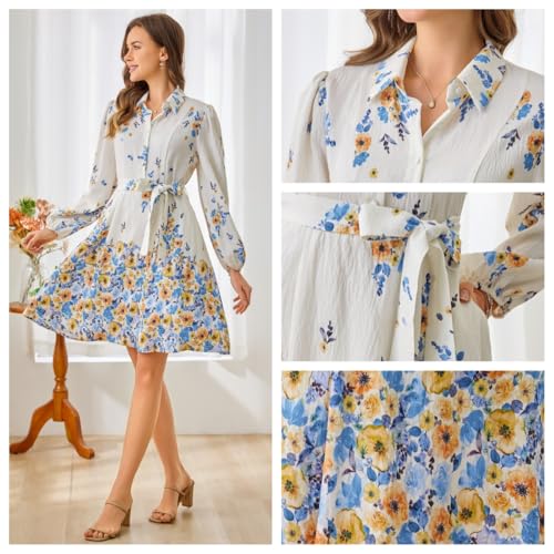 Image of Women Long Sleeve Spring Button Down A-Line Floral Print Summer Cocktail Shirt Dresses with Belt