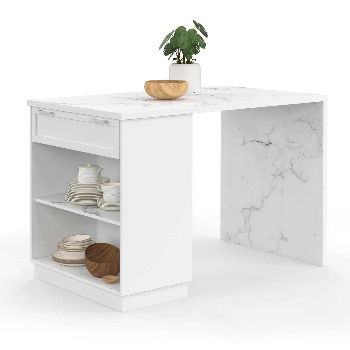 IDMarket - Ilot Central Mange-Debout 4 Personnes VITO 130 cm Blanc et Plateau marbre Alaska