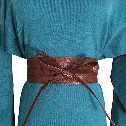 Womens PU Leather Corset Cinch Waistband Waspie Waist Belt Retro Tied Wide Belt Bandage Girdle Wrap Bowknot Band Bow Tie Faux Leather Obi Boho Style for Girls Halloween Costume – Dark Brown4
