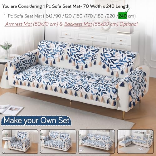Image of HOKIPO Sofa Cover Mat with Tassel for 1 /2 /3 Seater & L Shape Sofa | DIY Sofa Cover Set | Digital Printed Holland Velvet | 'Whispers of Nature' | 70(W) x 240(L) cm | Indigo Foliage (IN-1124-D10)