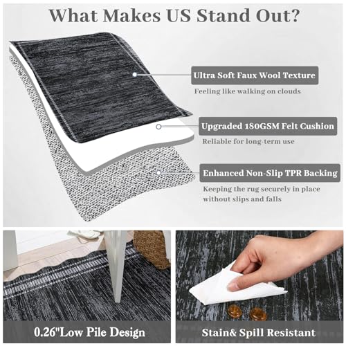 GarveeHome Scalloped 5x7 Rugs Washable Area Rugs for Living Room, Modern Bordered Solid Rug for Bedroom, Abstract Scalloped Non-Slip Stain Resistant Carpet for Dining Room Home Office Dorm,Black