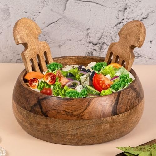 DREAMY WALLS Wood Salad Bowl with 2 Hands - Fruits Mixing Utensils & Claws - Premium Handcrafted Mango Wood Bowls and Spoons Included - Perfect Gifts