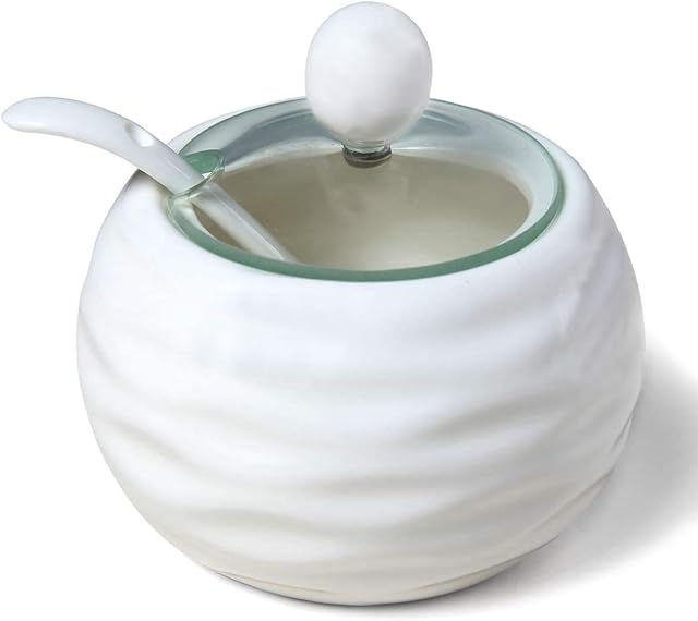 Chase Chic Ceramic Sugar Bowl, Modern Porcelain White Sugar Bowl with Clear Lid and Spoon, 8.8oz/250ml Sugar Pot Suit for Coffee Bar, Restaurant, Kitchen and Home Breakfast