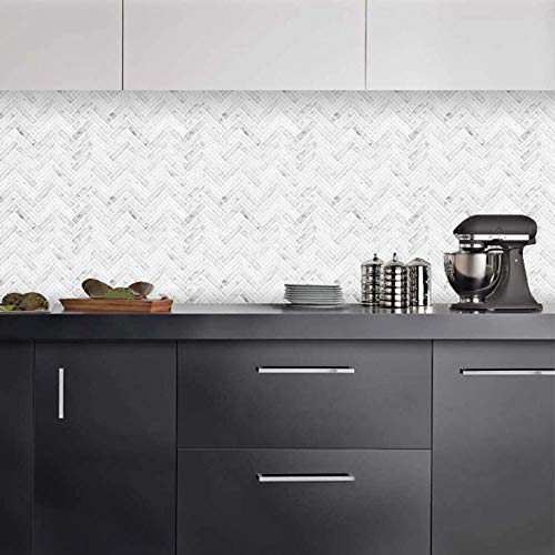 STICKGOO Peel and Stick Tile Backsplash, Sky Marble Herringbone Adhesive Backsplash Tiles, Stick on Tiles for Kitchen & Bathroom (Pack of 10, Thicker Design)