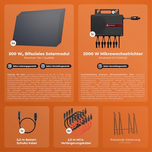 Solarway® Centrale Elettrica Da Balcone, 2000 W, Presa Completa, Inverter Da 2000 W, Impianto Solare, Set Completo Da 500 W, Pannelli Solari E Envertech E Accessori - 5