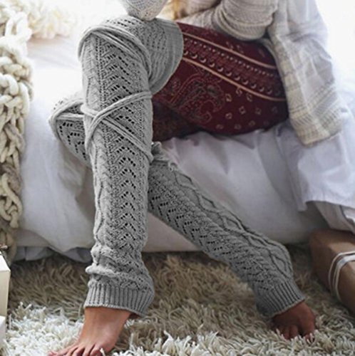 Womens Knitted Crochet Leg Warmers Boot Socks (Grey)
