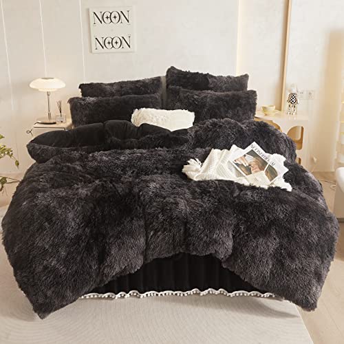 HAIHUA Plush Tie Dye Black Comforter Cover Queen Set, Soft Shaggy Furry Tie Dye Black Bedding Queen Set 3 Pieces (1 Fuzzy Duvet Cover + 2 Faux Fur Pillow Cases) Fluffy Bed Set, Zipper Closure