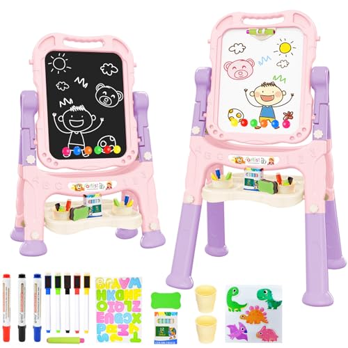 Amagoing Easel for Kids, Adjustable Standing Art Easel for Toddler, Double Magnetic Drawing Board with Painting Accessories, Birthday Christmas Gift...