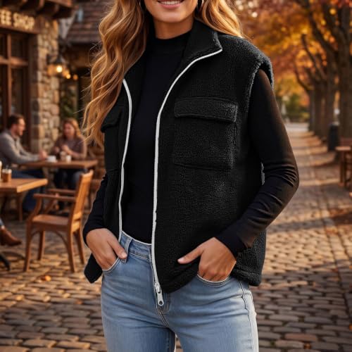 Womens Sherpa Fleece Utility Vest Zip Front Chest Pockets Casual Fall Layer - image 7