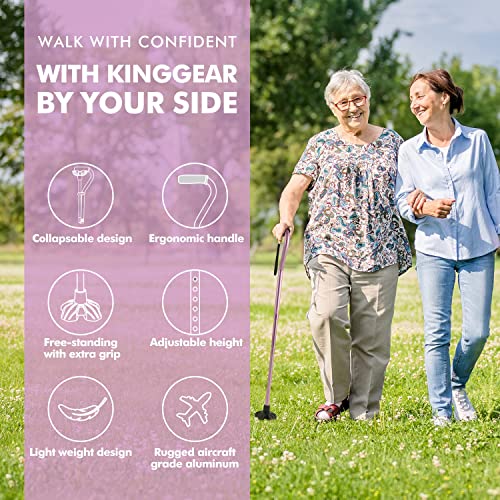 Kinggear Walking Cane For Women & Men, Lightweight & Sturdy Offset Walking Stick, Walking Cane With Autonomous Standing, Large Quad Base Cane For Seniors, Walking Crutches For People With Leg Injuries #TOP1