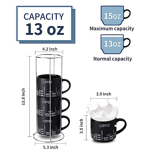 Hasense Large Ceramic Coffee Mugs Set Of 4 With Rack, 13 Oz Black Stacking Coffee Cups With Stand For Coffee, Cappuccino, Cocoa, Latte, Tea, Milk And Soup, Microwave Safe #TOP3