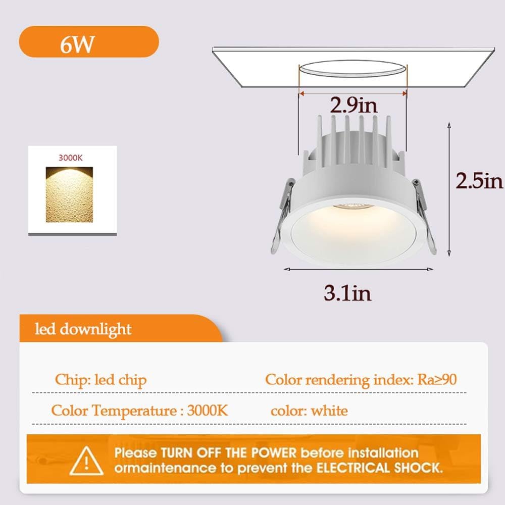 3.1 Inch 3000K LED Recessed Lighting Retrofit, 2 Pack White Round Aluminum Can Lights Baffle Trim,6W LED Recessed Can Retrofit Light for Home Flat Light Fixture