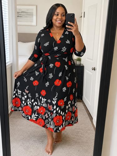 Image of PinkPatty Women's Plus Size Maxi Dress Print 3 /4 Sleeves V Neck Party Sundress Wedding Guest Dresses