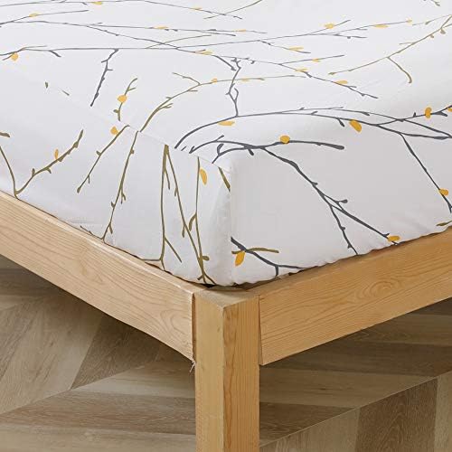 YEPINS Soft Brushed Microfiber Fitted Sheet with Deep Pockets(No Top Sheet), 3 Piece(1 Fitted Sheet and 2 Pillowcase), Branch Floral Printed Pattern, Beige Color- Queen Size