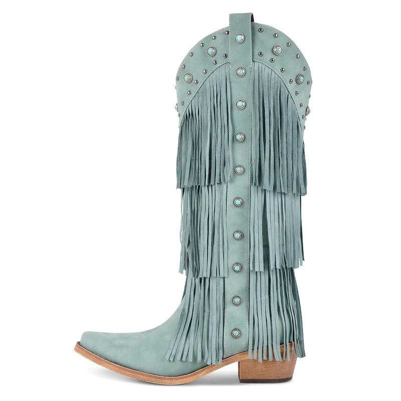 richealnini Studded Fringe Knee High Cowboy Boots with Turquoise Stones Pull On Pointed Toe Block Heels Cowgirl Boots