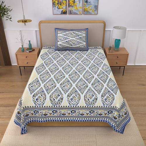 Image of 100% Cotton Single Bedsheet with 1 Pillow Cover | 240 TC Pure Cotton Flat Bed Sheet | Traditional Jaipuri Printed Bedding Set | Soft & Breathable | 60 x 90 Inch (Rangmahal Single 30)