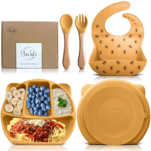 Image of StarTotz Baby feeding set | Suction plates for baby, Plate and utensils set for baby, Baby led weaning supplies, Baby plates with suction, Silicone bib, Silicone plates for baby