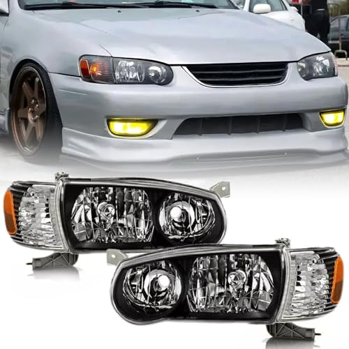 XIJIE For 2001 2002 Toyota Corolla Halogen Set w/Corner Signal Headlights Headlamps Assembly Driver Left Side Passenger Right Side Black Housing Clear Lens