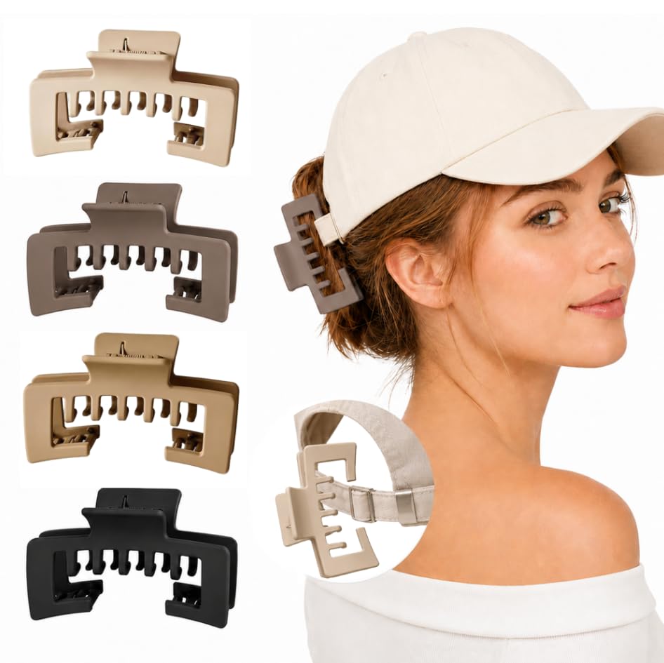 4 pcs Hat-Friendly Claw Clips for Baseball Cap & Trucker Hat,4.1 inch Large Strong Trucker Hat Claw Clips,Hair Accessories Gift for Thick Hair