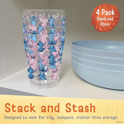 Image of Disney Stitch Acrylic Cups, Dishwasher Safe, 4-Pack | 16 oz, unbreakable, reusable, BPA-free, stackable to save space, great for water, juice, and family meals