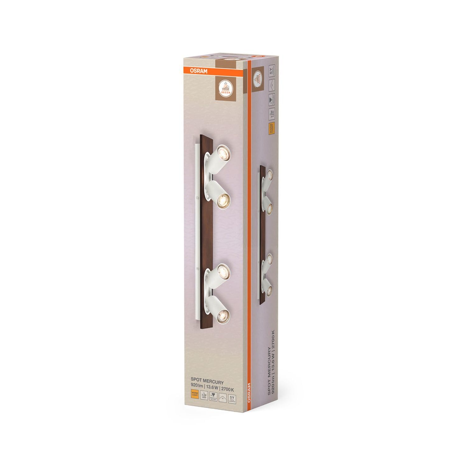 Osram DECOR Spot Mercury, 4 x 3,4 W, 920 lm, effetto legno, bianco, faretto, teste regolabili, versatili, faretto interno, lampadine LED sostituibili, luce bianca calda, GU10