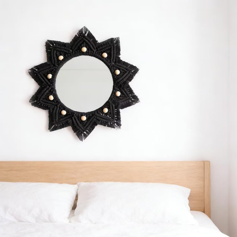 TENEWEE Boho Wall Hanging Mirror Macrame Bohemian Round Mirror for Bedroom Living Room Apratment