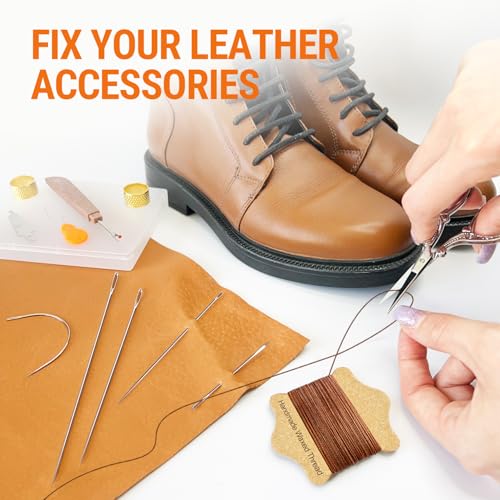 Hilo encerado para coser (Color marrón), agujas de alta resistencia (11 piezas), agujas biseladas (20 piezas) - Agujas duraderas para coser a mano - Adecuado para cuero, lona, manualidades y más miniatura 7