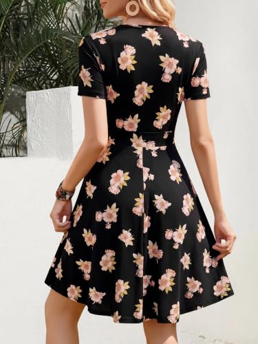 Image of MSBASIC Womens Summer Wrap V Neck Casual Dresses Floral Short Sleeve A-Line Midi Sundress