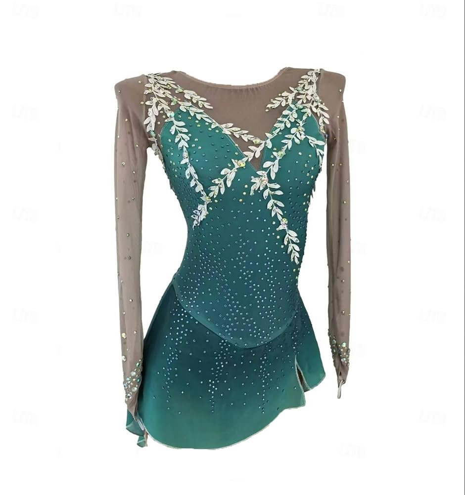 Eiskunstlaufanzüge für Damen und Mädchen, grün gefärbter Stoff, elastisches Material, professionelle Wettkampf-Eiskunstlaufanzüge, langärmlige Oberteile mit Kristallverzierungen