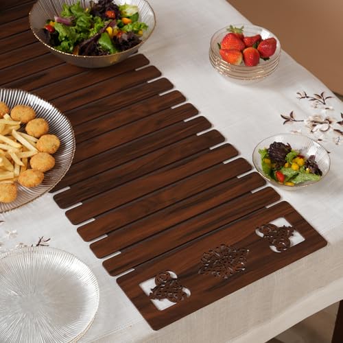 Image of HOME 360 Modern Slat Table Runner | Decorative Finish MDF Slats with Intricate Cut-Out Patterns | 14X72 Inches | Rollable Table Centerpiece for Dining Room, Kitchen | (Darkbrown 1, 14X72 INCH)