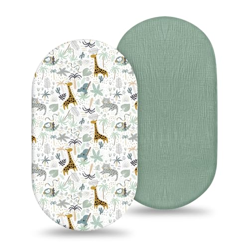 HAGOT 2 Pcs Sabana Bajera 82x41cm, 100% Algodon Cubrecolchones Suave Transpirable, para Colchón, Minicuna, Capazo (Jirafa + Verde)