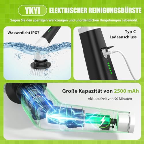 YKYI Elektrischer Reinigungsbürste,Spin Scrubber mit 8 Austauschbaren Bürstenköpfen,IPX7 wasserdichter,Schrubber für Badezimmer,Boden,Küche