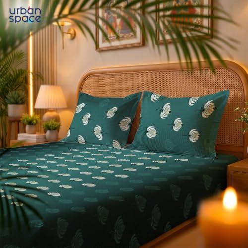 Image of Urban Space Serene 300TC 100% Cotton Bedsheet for Double Bed, Panel Design Bedsheet, Printed Queen Size Bed Sheet with 2 Pillow Covers (90 x 100 Inches, Midnight Lotus Deep Jade Green)