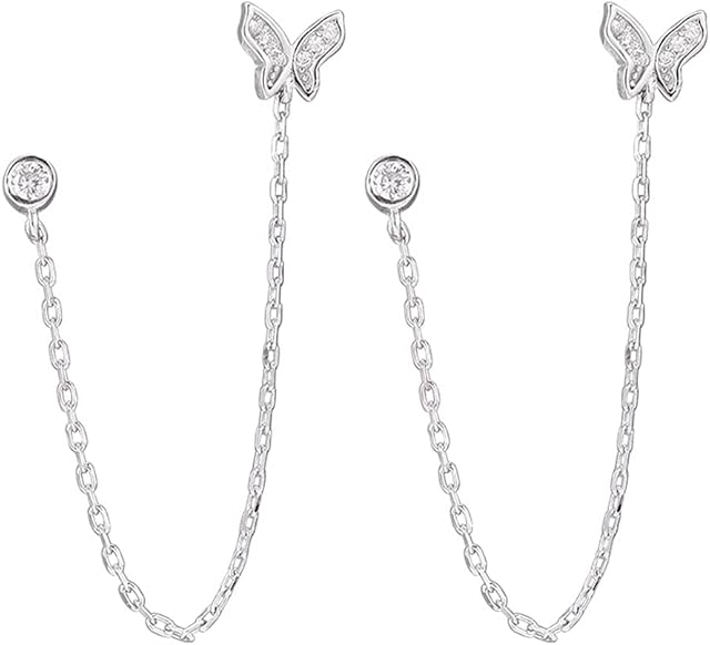 Double Holes Butterfly Halo CZ Small Stud Cuff Wrap Tassel Chain Crawler Climer Dangle Drop Earrings for Women Teen Girls Cartilage S925 Sterling Silver Piercing Animal Jewelry Gifts Daughter Sister