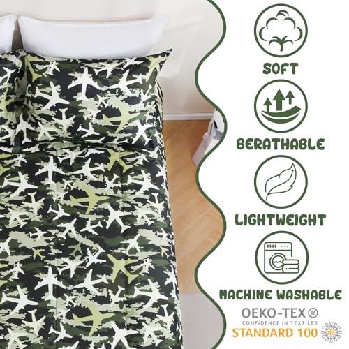 Image of Yibeizi Airplane Comforter Set Boys Full Green Camouflage Bedding