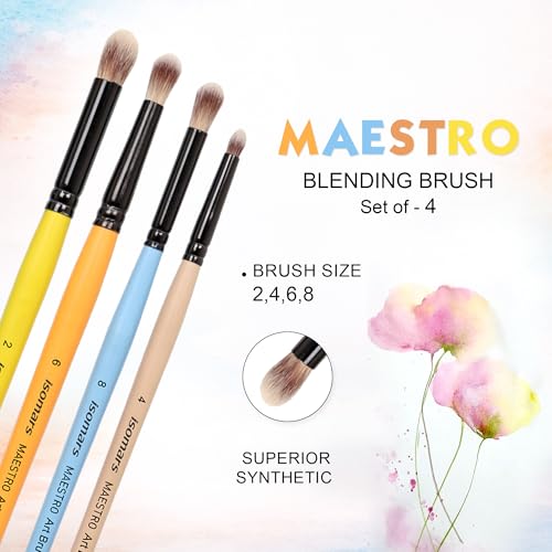 Image of Isomars Maestro Blending Brush Set of 4 - Professional Round Artist Brushes for Soft Blending, Shading and Transitions - Colorful Wooden Handles - Sizes 2, 4, 6, 8