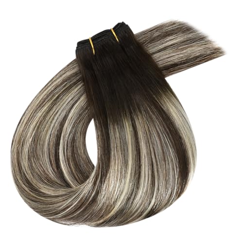Image of Full Shine 20 Inch Weft Hair Extensions 105G Invisible Sew In Remy Hair | Color 2 /60 /2 Dark Brown To Platinum Blonde Mix, Invisible Sew In, Add Volume, Date Night, Event Styling