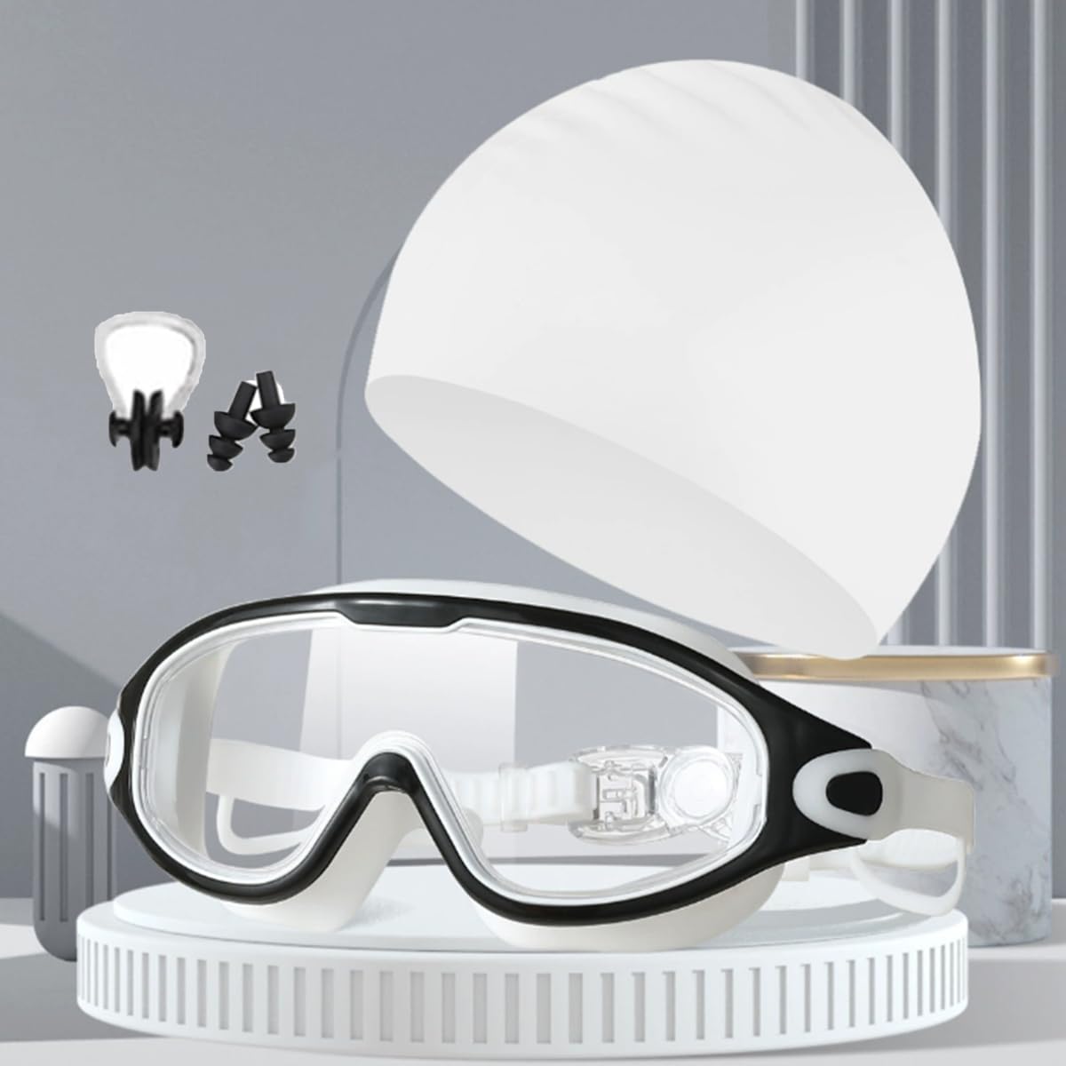 QIALAI 1 set of goggles and caps, large-frame glasses, silicone swimming caps, outdoor swimming, each weighing 300g, made of PC lens material, suitable for various scenarios such as