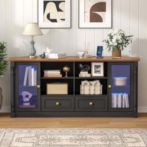 Image of Corner TV Stand for 55 60 65 Inch TVs,Entertainment Center,Black | Classic Column Design With 2 Display Cabinets,2 Drawers,Power Outlet & Led Light, Media Furniture For Living Room,Bedroom