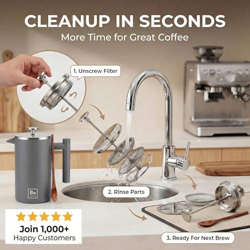 Image of Barista Warrior French Press Coffee Maker - Double-Wall Stainless Steel Insulated French Press with Built-In Thermometer, Dual Filters Coffee Maker with Wooden Spoon - Grey