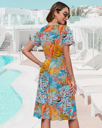 Image of WNEEDU Women V Neck Button Down Empire Waist Midi Summer Dress with Pockets
