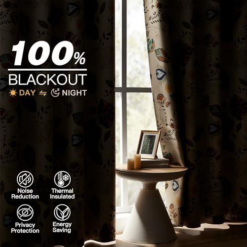 Image of XiDi Floral Patterned Curtains 90 Inch Length 2 Panels Light Beige Curtains | 100% Blackout Vintage Boho Flower Paisley Print Curtains Room Darkening Grommet Window Drapes for Living Room Bedroom 52Wx90L