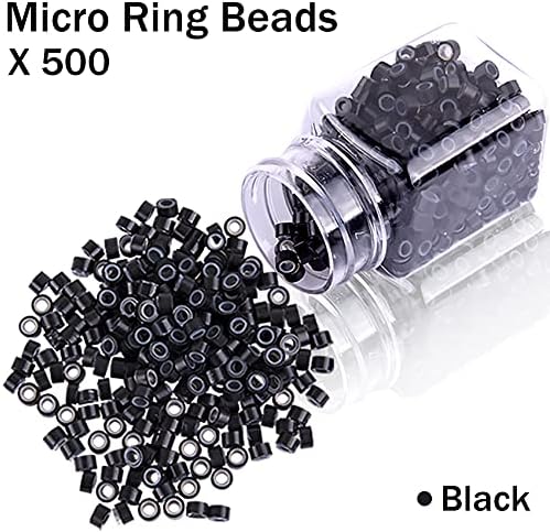 Duufin Hair Extensions Tools Kit 500 Pcs Black Micro Ring Beads 1 Pc Micro Beads Plier 2 Pcs Loop Needle Threader Pulling Hook 4 Pcs Plastic Alligator Clips 1 Pc Comb and 2 Bags Mini Rubber Bands