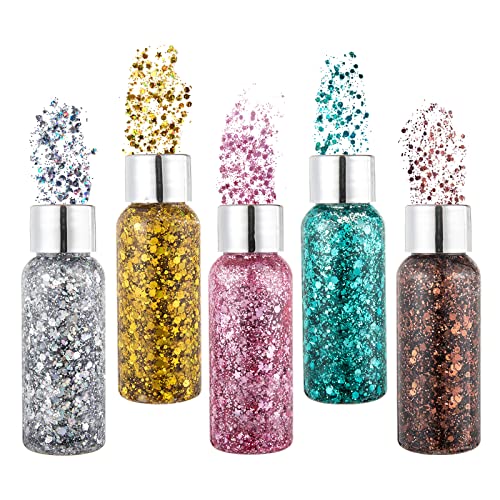 Face Body Glitter Gel, 5 Colors Mermaid Sequins Chunky Glitter Body Gel, Liquid Sparkling Eyeshadow, Face Glitter, Eye Glitter, Body Glitter, Hair Glitters For Stage, Festival, Party Makeup #TOP30